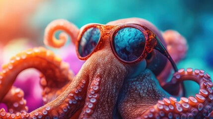 Obraz premium Trendy octopus wearing sunglasses in vibrant underwater setting