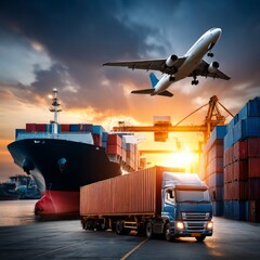Multimodal global logistics hub at sunset, featuring a large cargo ship docked at port, a semi-truck carrying a shipping container, an airplane flying overhead, and stacked containers surrounding the 