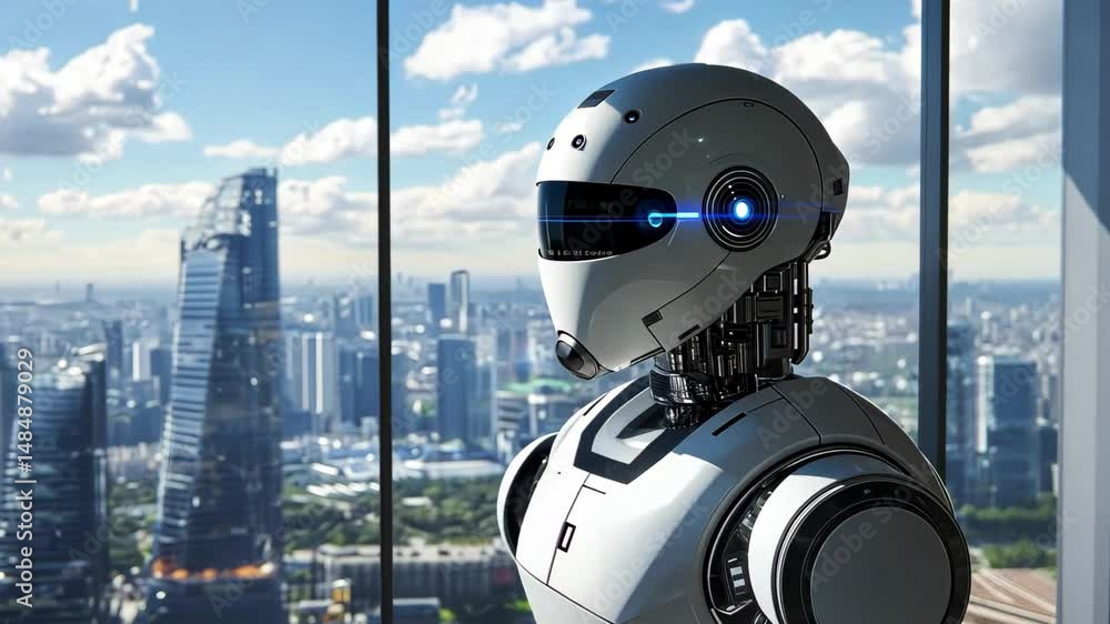 Poster robot gazes out the window at a sprawling futuristic cityscape in a modern indoor setting, animated 