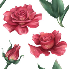 Seamless pattern with burgundy red blooming vintage roses with green petals and buds. Romance and beauty. Elegant Victorian decorations, background
