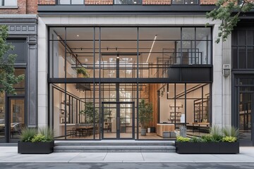 Modern Urban Storefront with Large Glass Windows and Patio