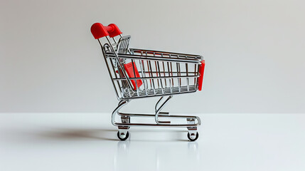 an empty miniature shopping cart in the center of a white background