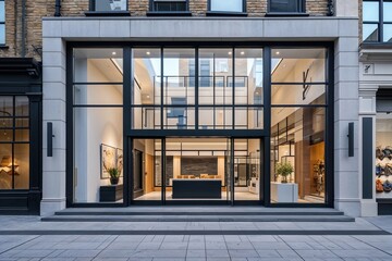 Contemporary Shopfront with Expansive Glass Panes and Bold Stone Accents