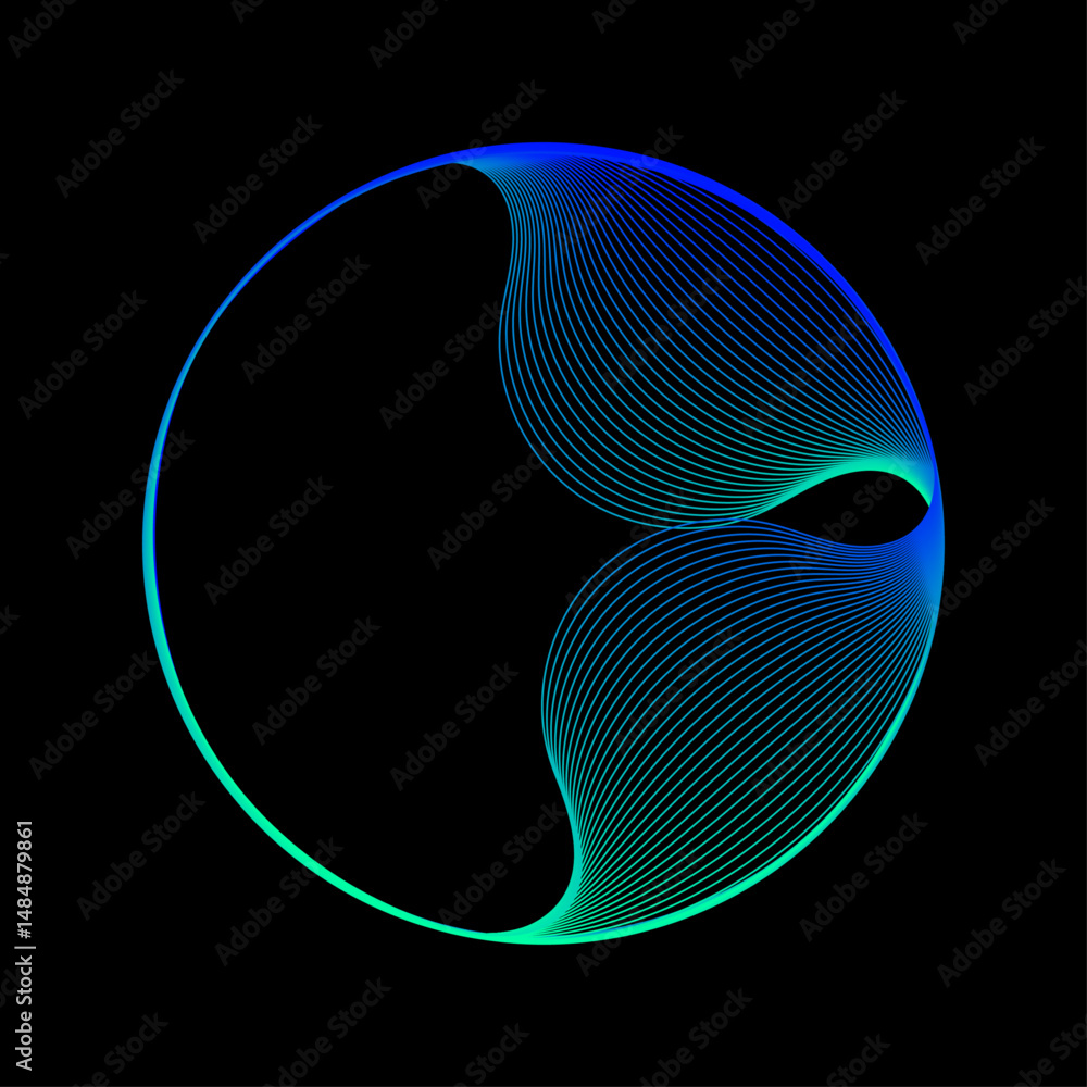 Leinwandbilder Neon iridescent circle linear frame flowing in circular shape. Glowing neon color round curve with wavy dynamic lines isolated on black background with copy space. Vector design element