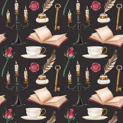 Seamless pattern with retro inkwell and writing feather, diary, teacup, rose, candle, golden key. Royal atmosphere. Old vintage decorations in classic style for interior. Office and postcard design