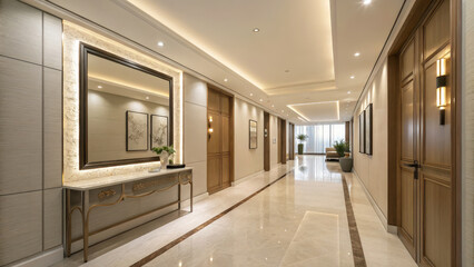 Modern interior hallway design featuring elegant lighting, stylish mirrors, soft earth tones, and minimalistic furniture in a serene and sophisticated setting