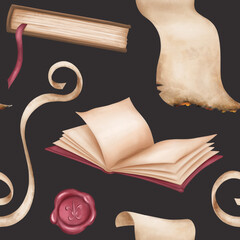 Seamless pattern with hardcover books, parchments, wax seals. An open empty diary, a notebook. Old schools, education, Victorian style, information and teaching, manuscripts and letters