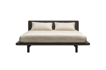 Minimalist dark wood platform bed with cream bedding and two pillows, modern and elegant structure, isolated on a transparent background