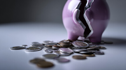 a broken pink piggy bank with scattered coins on a plain gray background