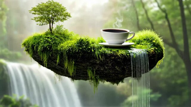 Serenity found with a cup of coffee on a tranquil floating island amidst lush greenery, Cup of coffee on serene floating island with lush greenery and waterfalls Tranquil nature concept
