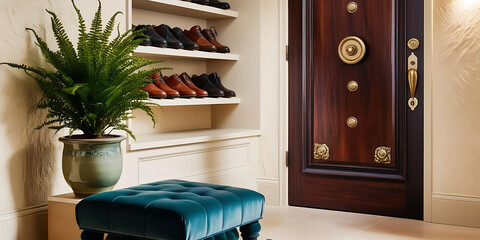 Stylish Entry Hall Featuring Wooden Door and Organized Shoe Shelf

