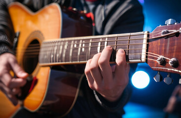 Fototapeta premium Close-up of a guitar in the hands of a musician. Copy space
