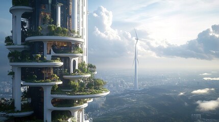 A futuristic eco-friendly skyscraper with wind turbines and green terraces