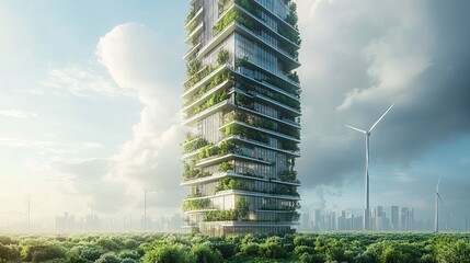 A futuristic eco-friendly skyscraper with wind turbines and green terraces