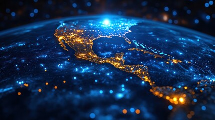 Digital illustration of earth with glowing city lights and network connections.