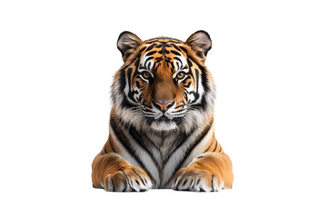Obraz premium Regal tiger lying straight, head high and alert, stunning facial symmetry and orange-black fur, isolated on a transparent background
