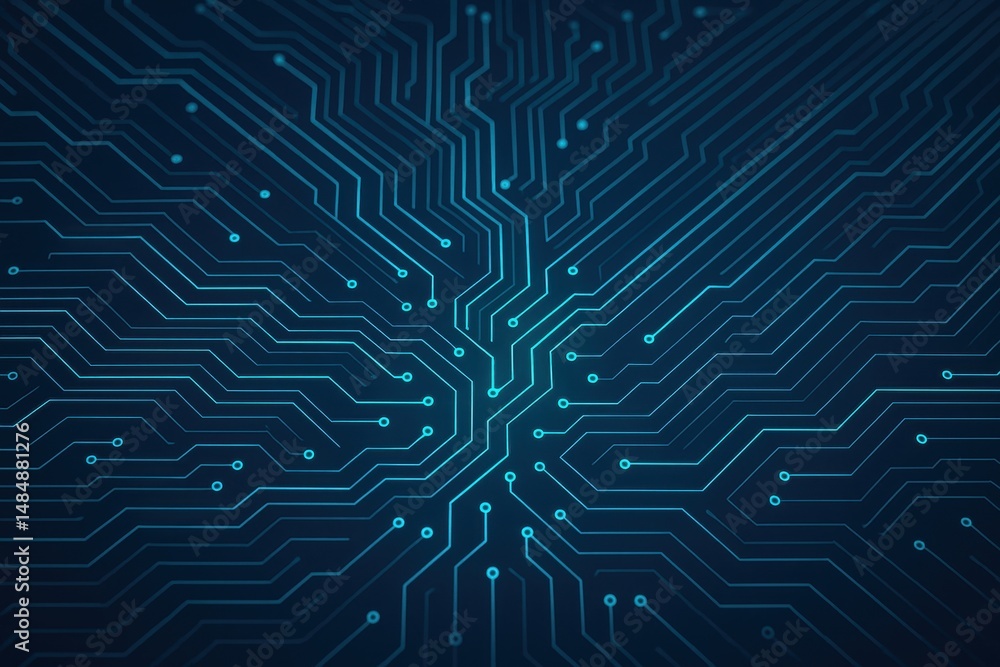 Poster abstract circuit board design with blue neon lines on dark background for technology themes