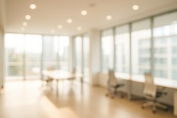 blur of Modern Office Space with Bright Windows and Soft Natural Light in a Professional Environment