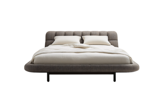 Rounded edge fabric bed frame with tufted headboard and cozy cream duvet, inviting and soft, isolated on a transparent background