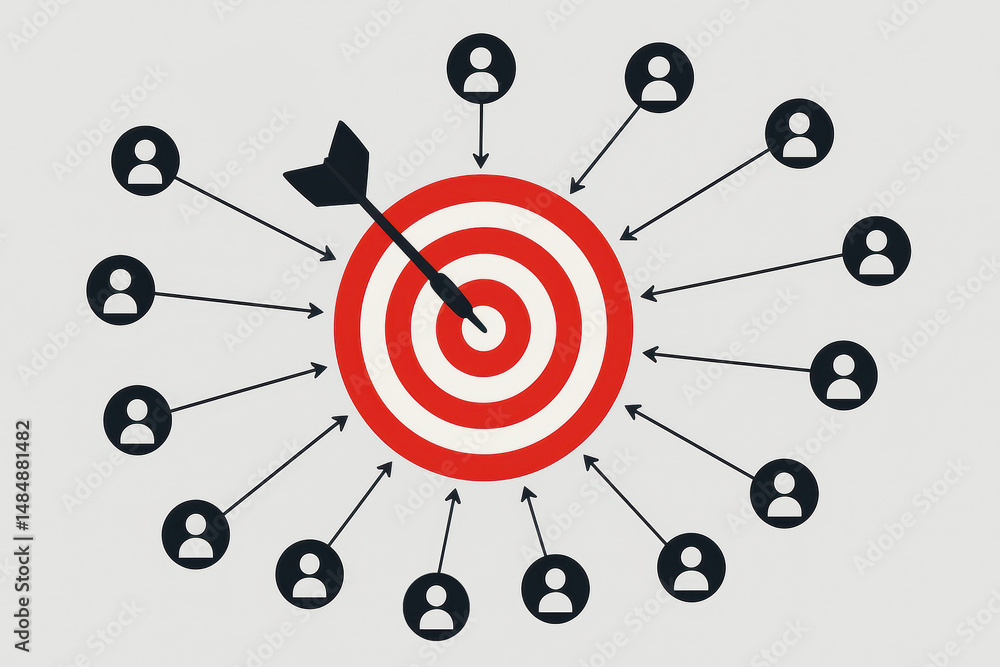 Poster target audience analysis with central dartboard and surrounding figures in business concept
