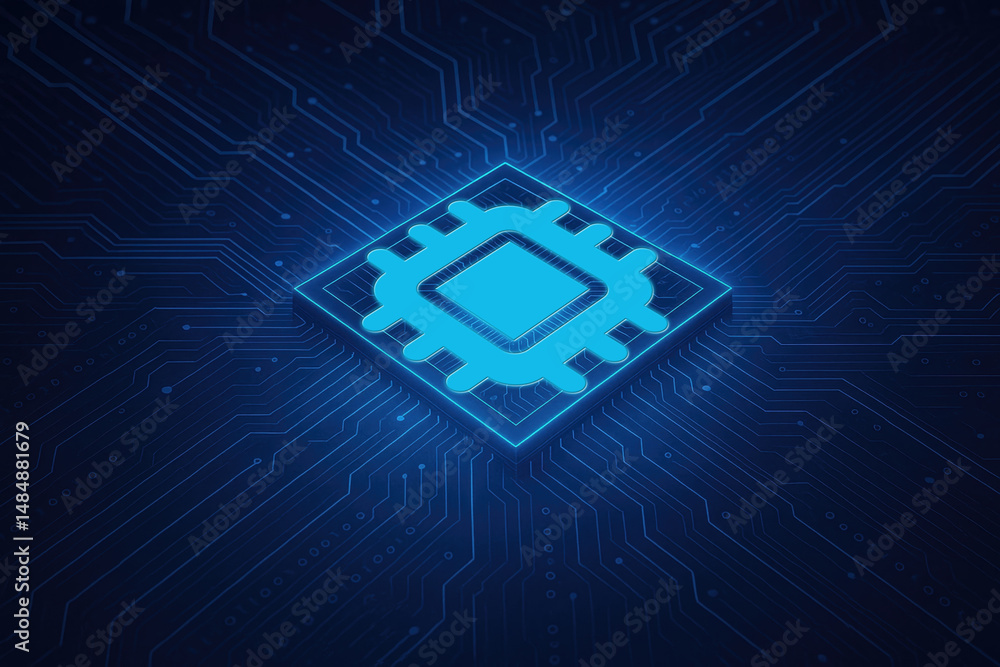 Aufkleber digital cpu chip design with blue neon glow on circuit board background for technology theme