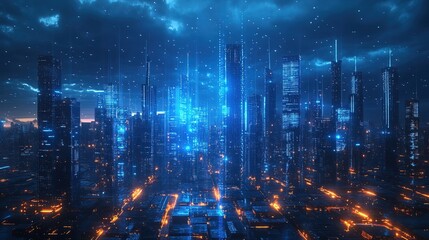 Fototapeta premium A futuristic city skyline illuminated with blue holographic technology 