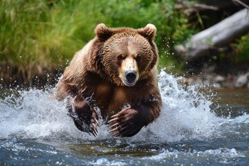 Obraz premium Powerful grizzly bear splashing while fishing
