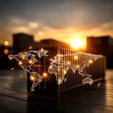 Un porte conteneur maritime avec en surimpression une carte mondiale avec des lights technologiques symbolisant les flux de logistique internationale. Belle lumi&Atilde;&uml;re, golden hour --profile fbpq5ho --s