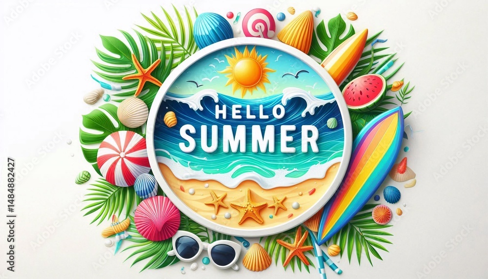 Fototapete hello summer, greeting text in round white frame with colorful beach element. beach concept