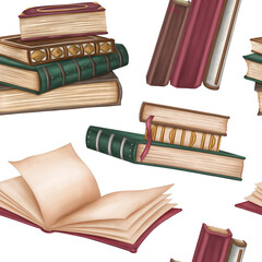 Seamless pattern with antique hardcover books decorated with metal and ornaments. Stacks of books, open empty diary, notebook. Old magic schools, education. Victorian style, information and education