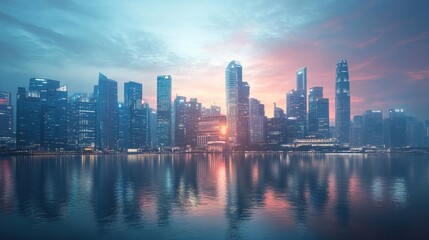 Fototapeta premium A futuristic city skyline as the backdrop of a global tech conference