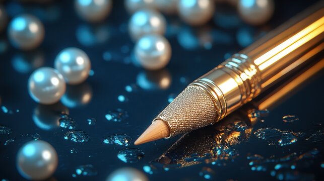 Luxurious gold pencil with pearls and water droplets on reflective surface