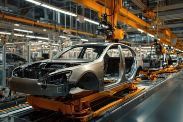 Car moves on robotic assembly line in automotive factory