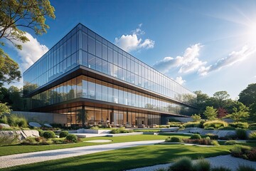 Stunning Modern Architecture Featuring Expansive Glass Facades Surrounded by Lush Gardens and Vibrant Sky