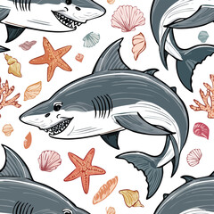 Obraz premium Mako Shark Vector Illustration with Seamless Pattern Design