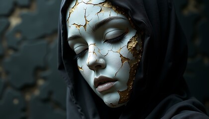 Cracked face woman portrait hood dark fantasy art style