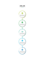 Timeline infographic featuring five vertical, connected circles with a gradient outline from light green to blue. Each circle contains a thin line icon and adjacent placeholder text labeled 
