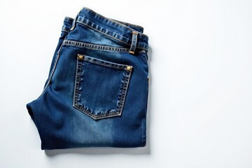 Classic blue denim jeans, neatly folded on white , fabric texture, blue denim
