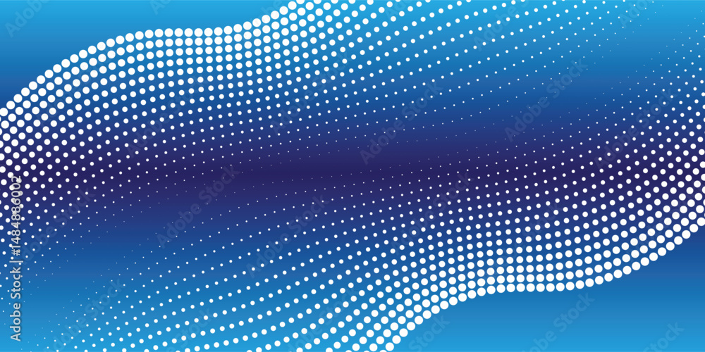 Poster flowing dots particles wave pattern gradient curve shape isolated on dark blue background. blue back