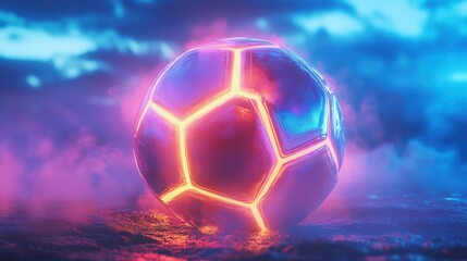 Naklejka premium Glowing soccer ball in vibrant neon mist with futuristic blue and pink lighting