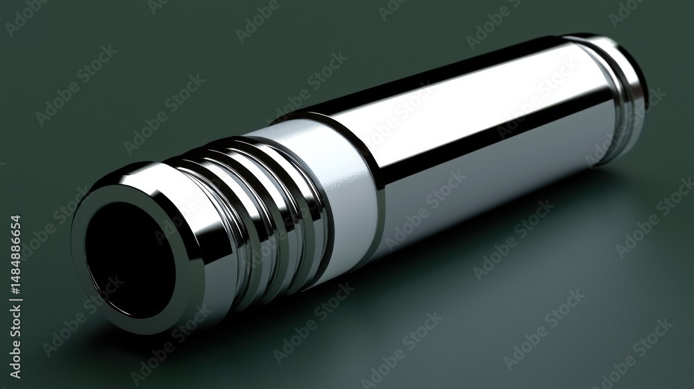 Poster a 3d rendering of a metallic cylinder with a circular opening and a series of ridges along its side.