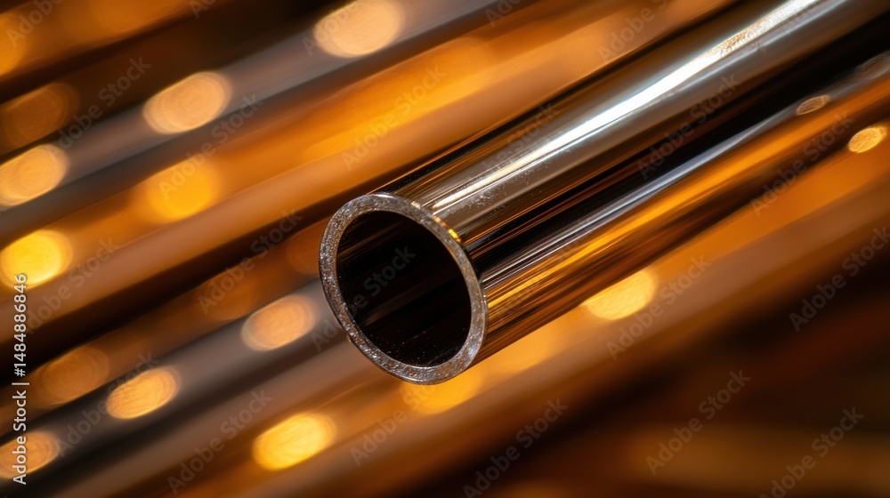 Poster a close-up view of a shiny, metallic pipe with a circular opening.