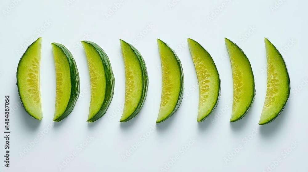 Poster seven green cucumber slices arranged in a row on a white background.