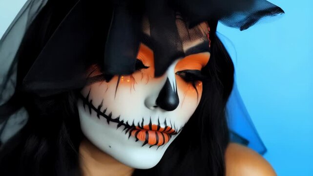 face with traditional orange and black la muerte makeup