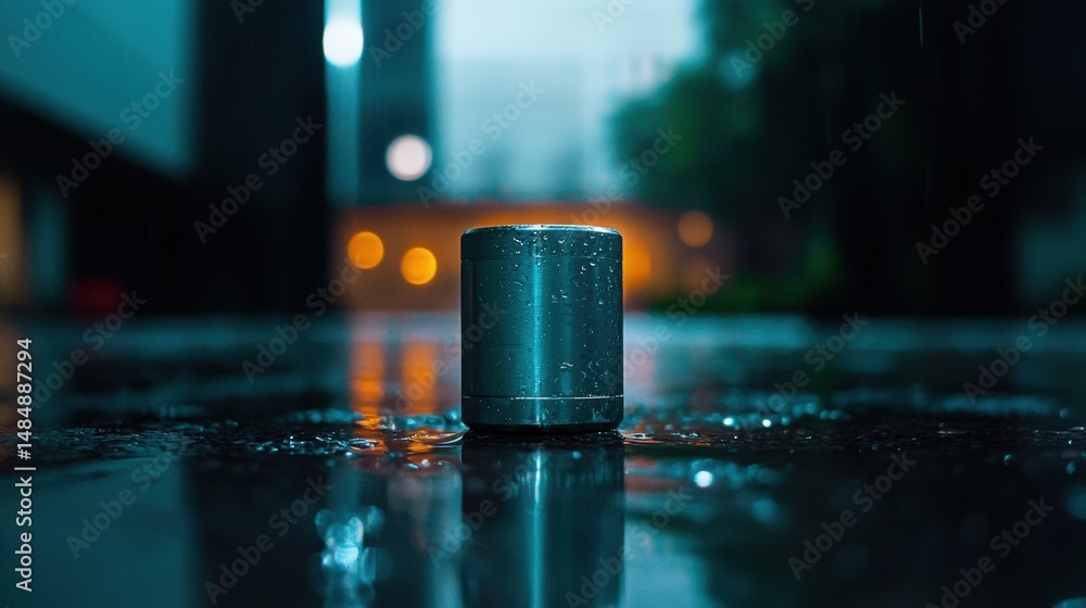 Poster a metallic cylindrical object with a textured surface and a small nozzle sits on a wet surface.