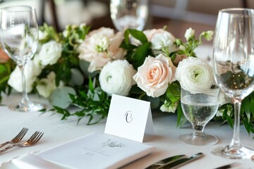 Wedding reception table with white rose decor and card mockup
