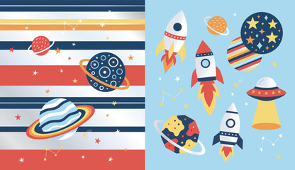 Cute cartoon space pattern with planets rockets UFOs and stars in flat style