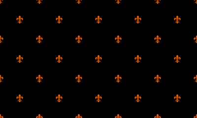Elegant seamless pattern of orange fleurdelis on black background.  Perfect for luxurious designs,  branding,  textiles, or wallpaper.  Evokes sophistication and heritage.