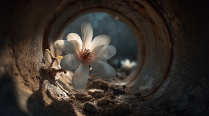 a white flower is in a hole in the ground with rocks and gravel around it and a building in the background