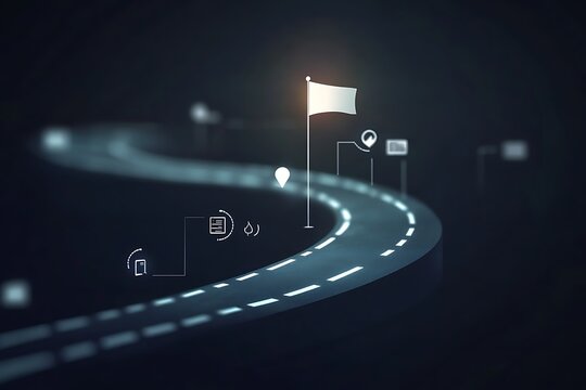 **Minimalist Road Curving Toward A Distant Goal Flag, Each Turn Labeled With Abstract Business Icons --Ar 3:2 --S 50 --V 6.1 --Raw** - @Darya (Relaxed) -# Create, Explore, And Organize On [Midjourney.